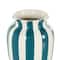 9.5" White & Teal Stripes Round Wide Ceramic Vase
